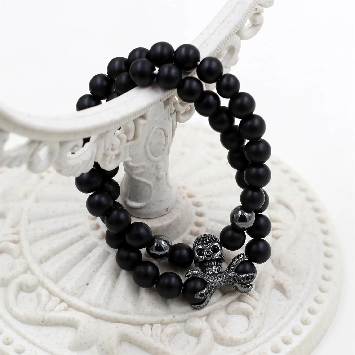 Black Onyx Round Bead Bracelet, Natural Energy Stone, Wear Skull Inlaid Zirconia, Bring You Good Luck, Best Wishes for Your Lover. Couple Bracelet, Gift of Eternal Love.