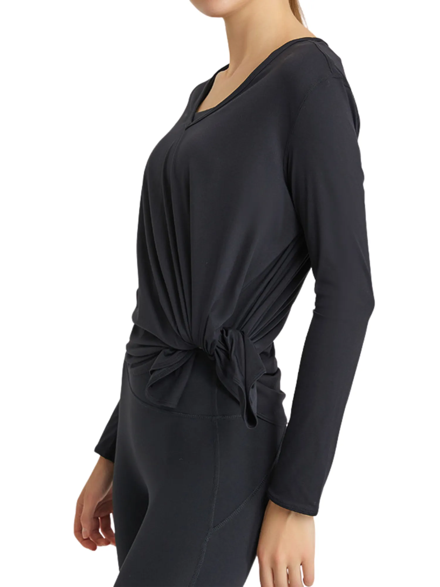 Black "Sadie" Asymmetrical Scoop Hem Long Sleeve Lightweight Top