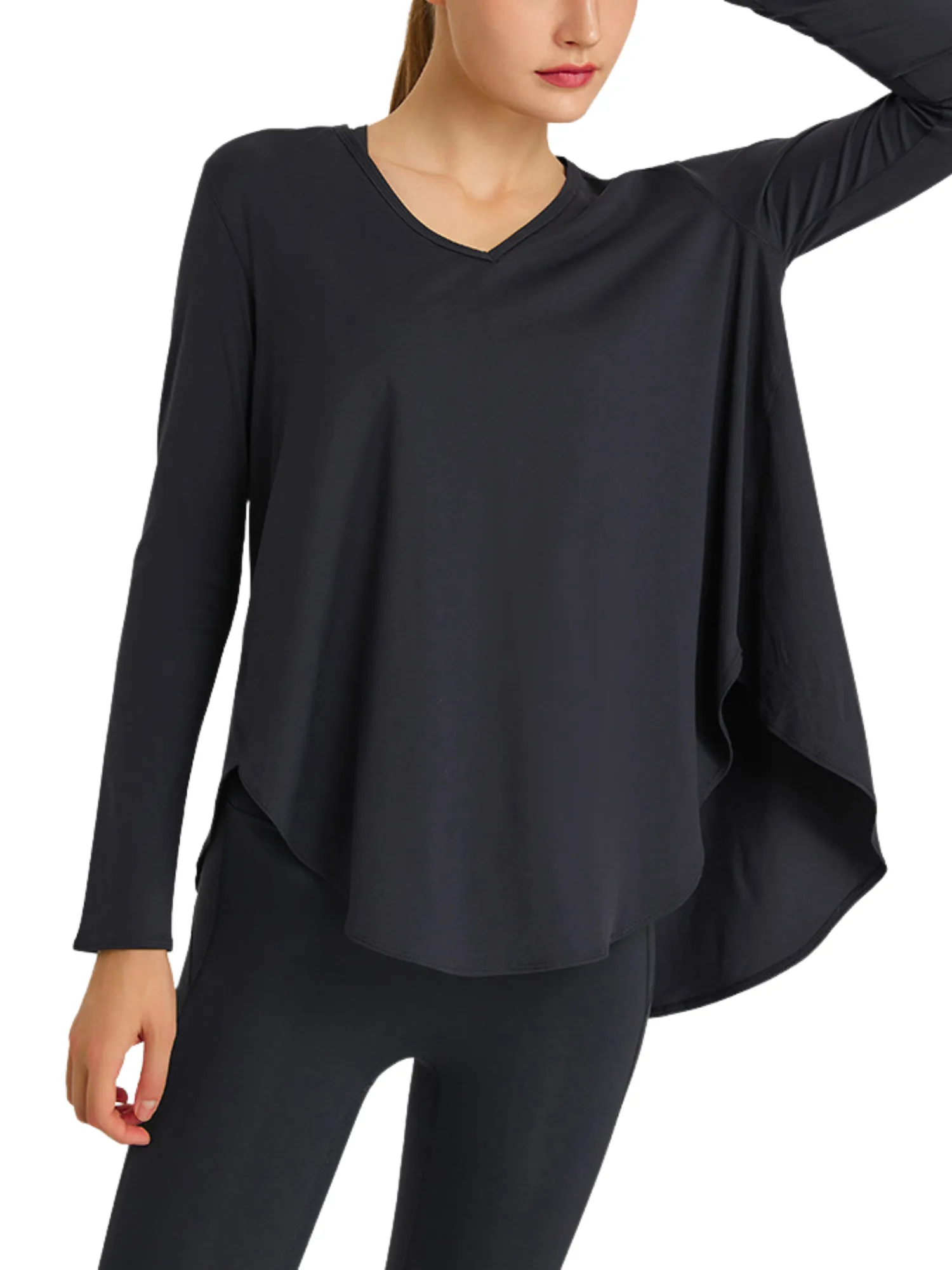 Black "Sadie" Asymmetrical Scoop Hem Long Sleeve Lightweight Top