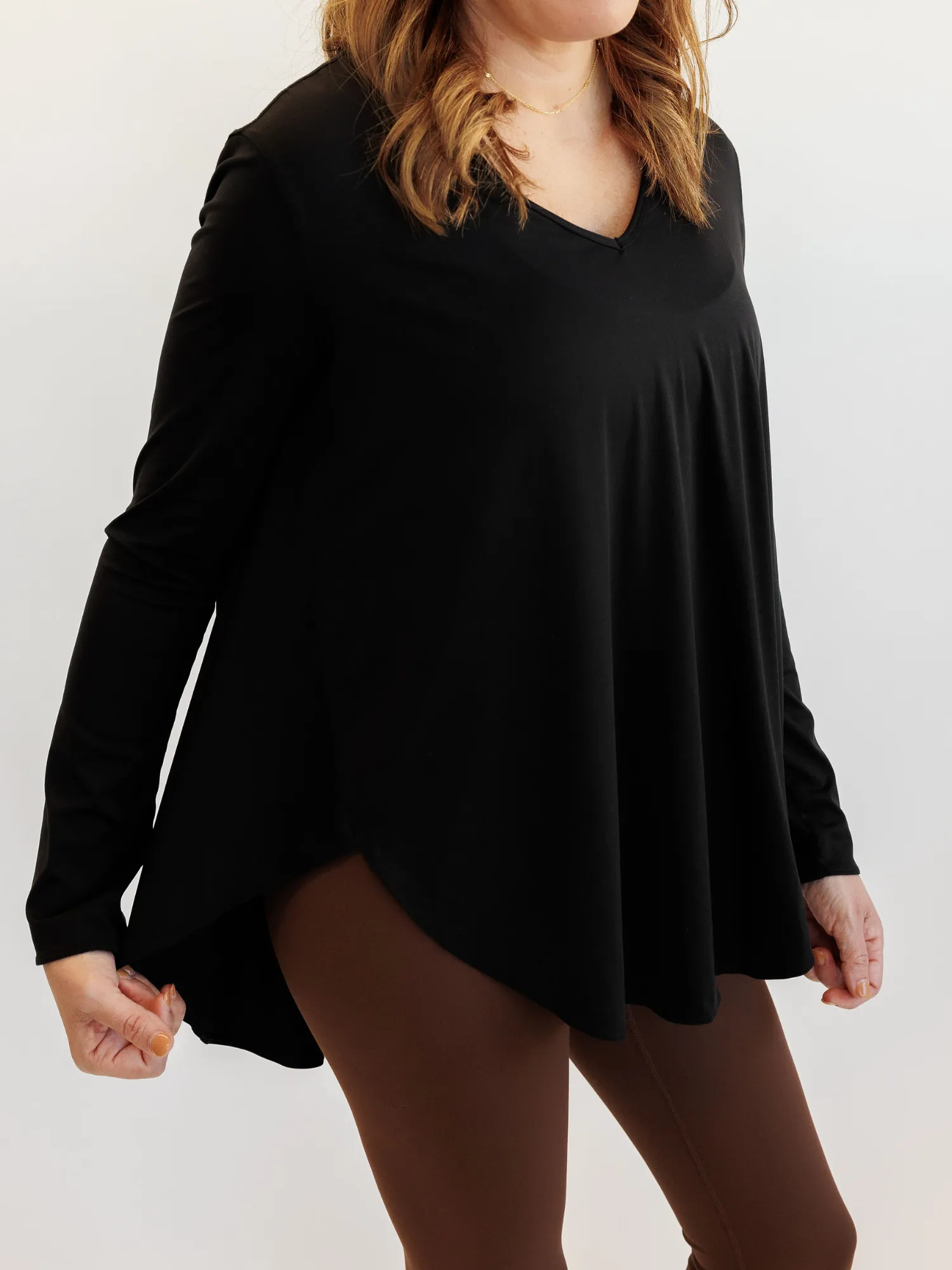 Black "Sadie" Asymmetrical Scoop Hem Long Sleeve Lightweight Top