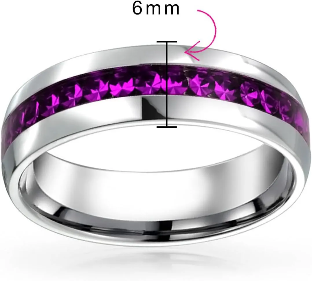 Bling Jewelry Customize Channel Set Crystal Eternity Band Ring Unisex Silver Toned Stainless Steel Birthstone Month Colors 6mm Sizes 5-12