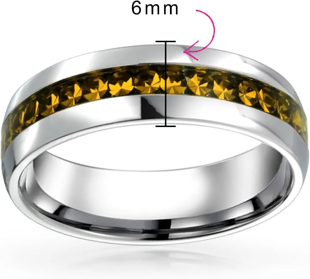 Bling Jewelry Customize Channel Set Crystal Eternity Band Ring Unisex Silver Toned Stainless Steel Birthstone Month Colors 6mm Sizes 5-12