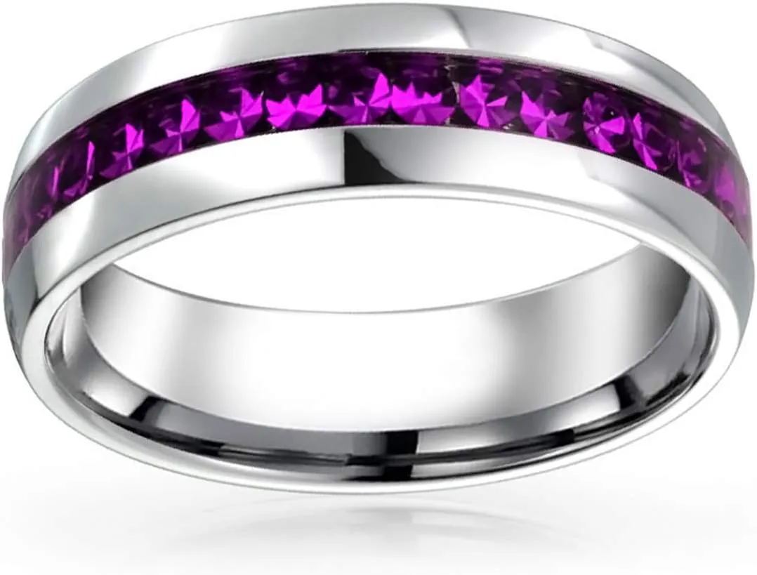 Bling Jewelry Customize Channel Set Crystal Eternity Band Ring Unisex Silver Toned Stainless Steel Birthstone Month Colors 6mm Sizes 5-12
