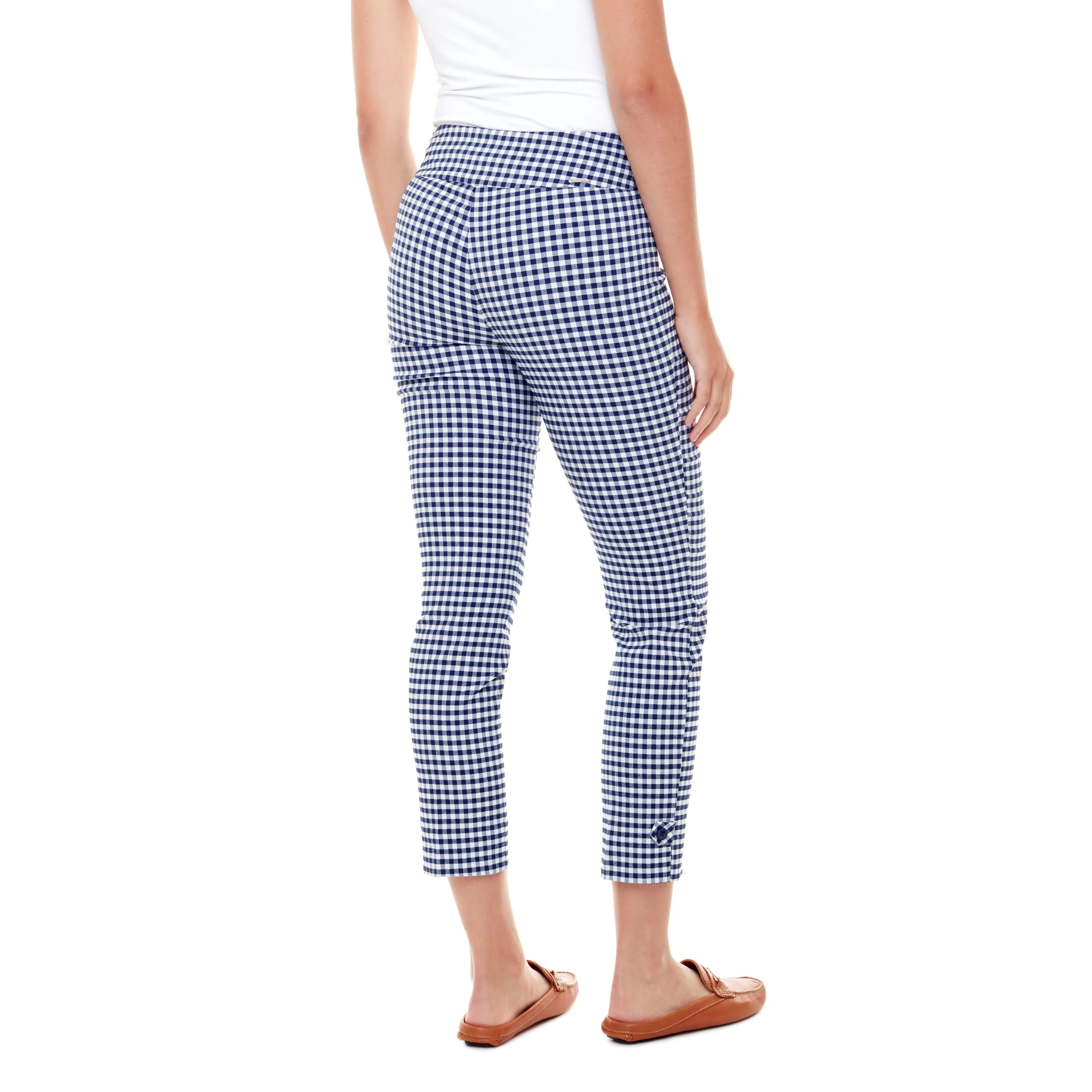 Blue/White Gingham Slim Leg Pant W Button Detail