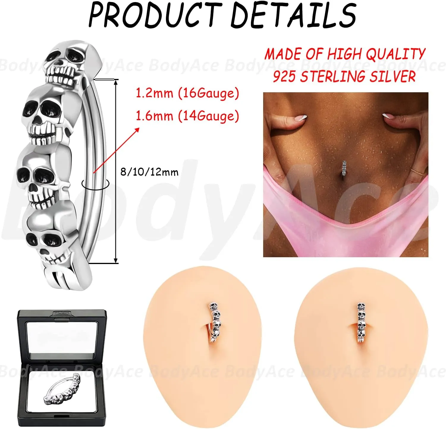 BodyAce 925 Sterling Silver Skull Belly Button Rings, 14G Clicker Belly Barbell Navel Rings for Men Women, 16G Reverse Curved Punk Belly Piercing Jewelry