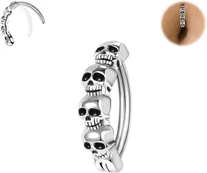 BodyAce 925 Sterling Silver Skull Belly Button Rings, 14G Clicker Belly Barbell Navel Rings for Men Women, 16G Reverse Curved Punk Belly Piercing Jewelry