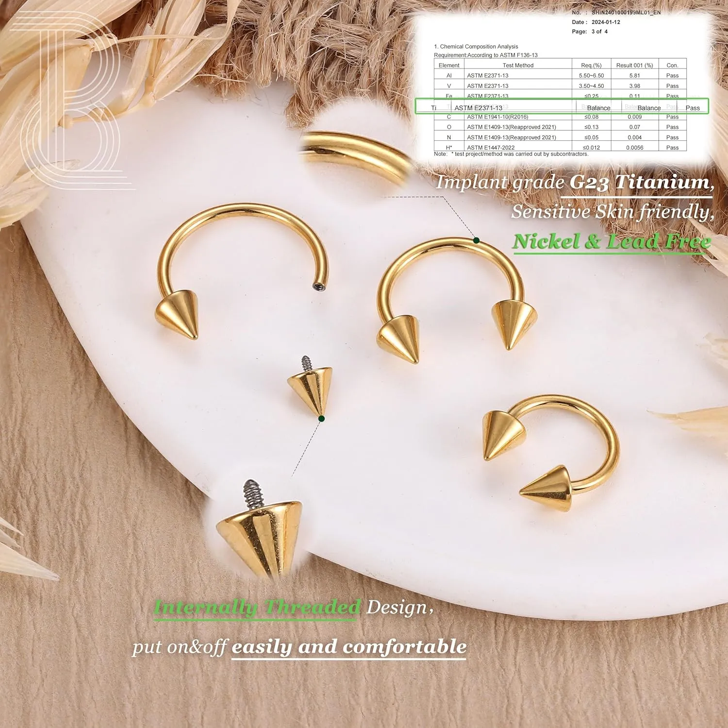 BodyBonita G23 Titanium Horseshoe Septum Rings - 2/3pcs Nose Rings Circular Barbell Spikes Septum Jewelry Nose Piercing Jewelry Conch Helix Rook Lip Cartilage Earring for Women Men Gold/Silver/Black