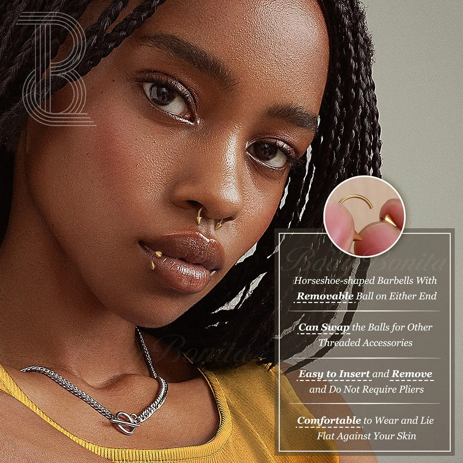 BodyBonita G23 Titanium Horseshoe Septum Rings - 2/3pcs Nose Rings Circular Barbell Spikes Septum Jewelry Nose Piercing Jewelry Conch Helix Rook Lip Cartilage Earring for Women Men Gold/Silver/Black