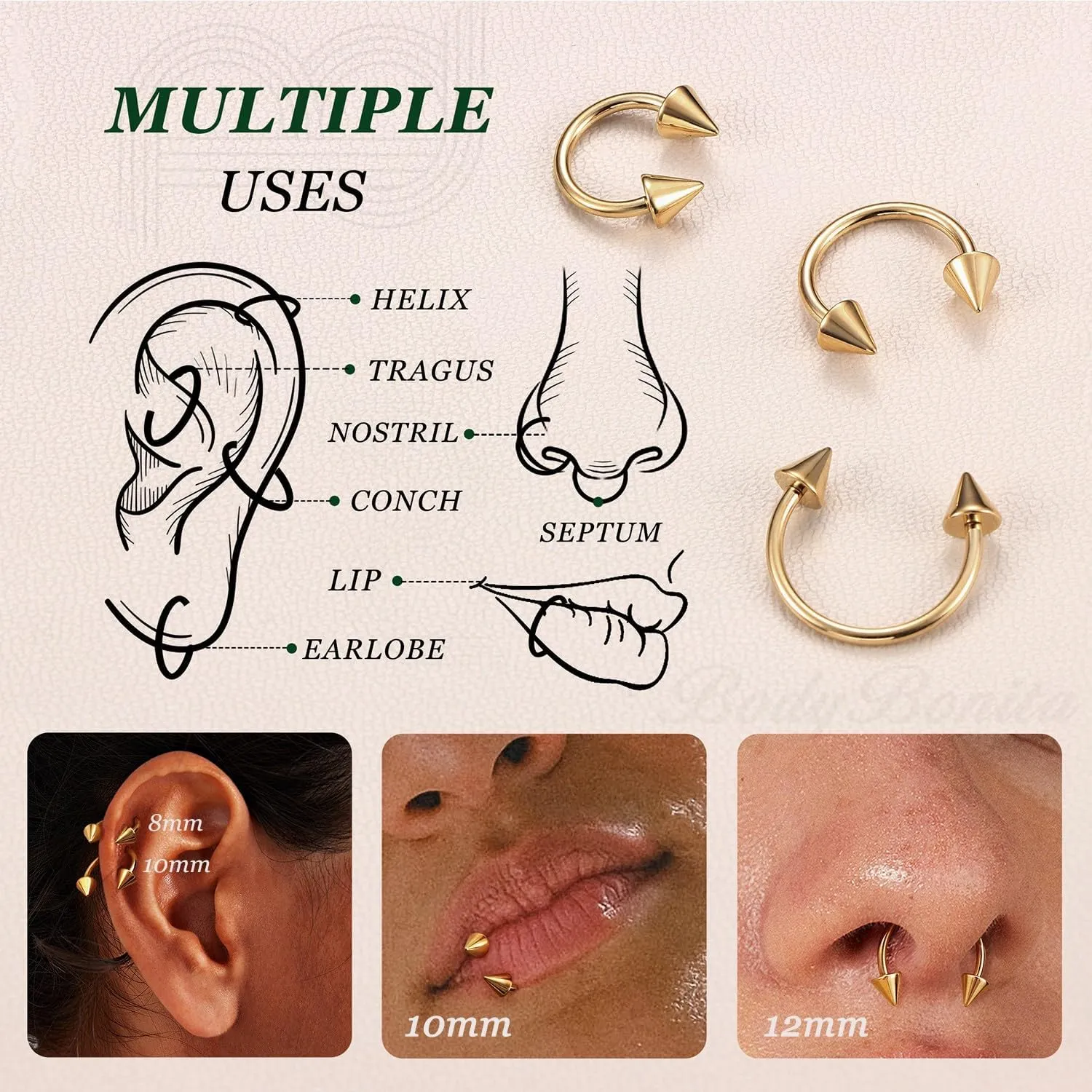 BodyBonita G23 Titanium Horseshoe Septum Rings - 2/3pcs Nose Rings Circular Barbell Spikes Septum Jewelry Nose Piercing Jewelry Conch Helix Rook Lip Cartilage Earring for Women Men Gold/Silver/Black