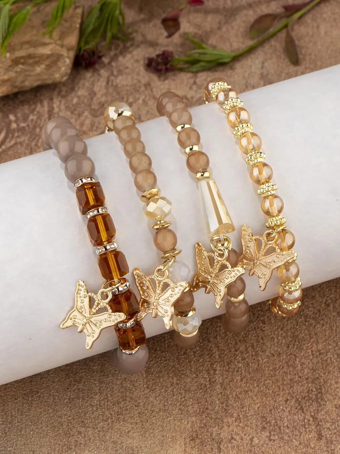 Bohemian Bracelets for Women Gold Beaded Stackable Stretch Bracelet Set Butterfly Elastic Multilayer Colorful Charm Bracelets Summer Beach Jewelry
