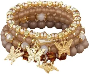 Bohemian Bracelets for Women Gold Beaded Stackable Stretch Bracelet Set Butterfly Elastic Multilayer Colorful Charm Bracelets Summer Beach Jewelry