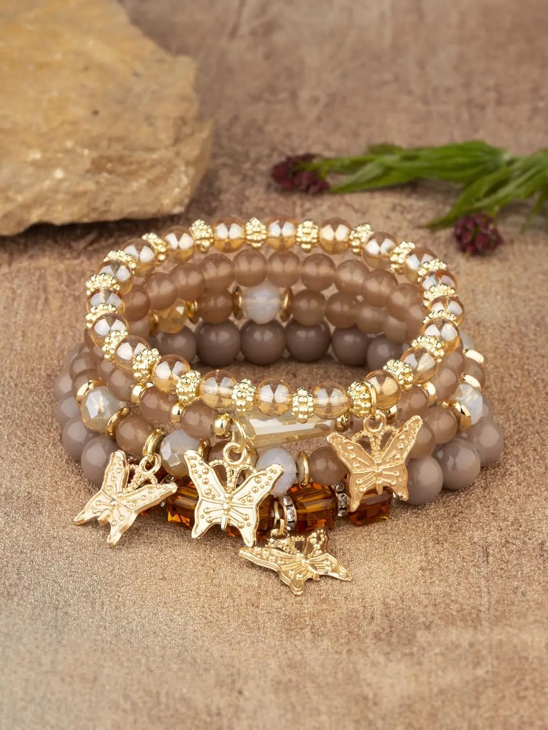 Bohemian Bracelets for Women Gold Beaded Stackable Stretch Bracelet Set Butterfly Elastic Multilayer Colorful Charm Bracelets Summer Beach Jewelry
