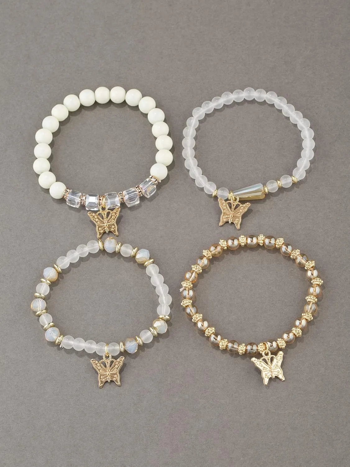 Bohemian Crystal Beaded Butterfly Pendant Bracelets Set Gold Beaded Stackable Stretch Bracelet Handmade Multilayer Colorful Charm Jewelry