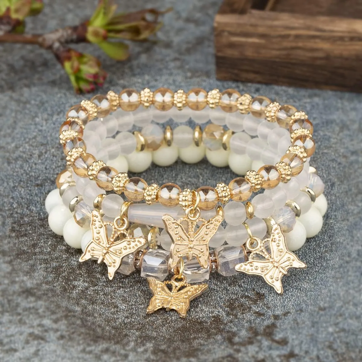 Bohemian Crystal Beaded Butterfly Pendant Bracelets Set Gold Beaded Stackable Stretch Bracelet Handmade Multilayer Colorful Charm Jewelry