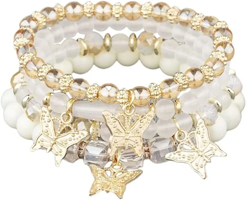 Bohemian Crystal Beaded Butterfly Pendant Bracelets Set Gold Beaded Stackable Stretch Bracelet Handmade Multilayer Colorful Charm Jewelry