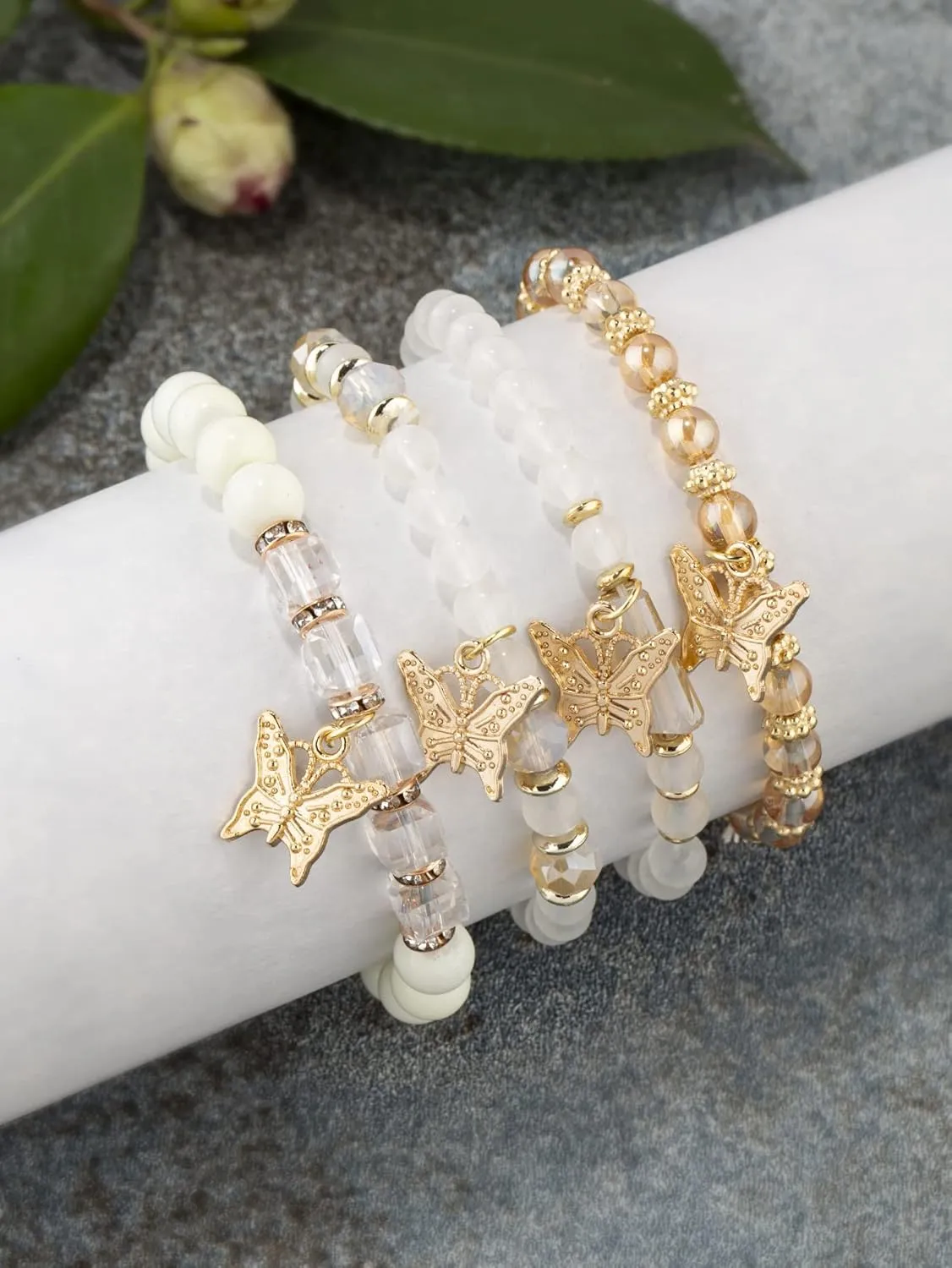 Bohemian Crystal Beaded Butterfly Pendant Bracelets Set Gold Beaded Stackable Stretch Bracelet Handmade Multilayer Colorful Charm Jewelry