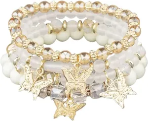 Bohemian Crystal Beaded Butterfly Pendant Bracelets Set Gold Beaded Stackable Stretch Bracelet Handmade Multilayer Colorful Charm Jewelry