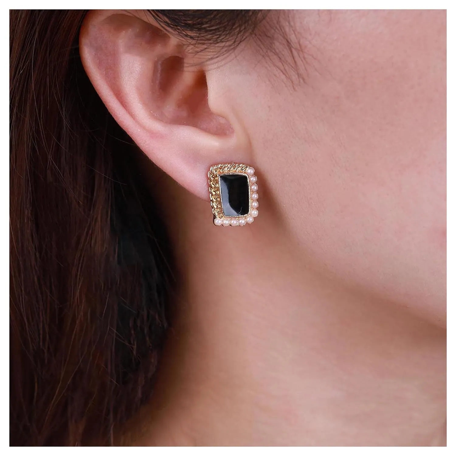 Bohemian Square Pearl Stud Earrings Black enamel Square Earrings Tiny Pearl Square Stud Earrings Geometric Earrings Jewelry for Women and Girls