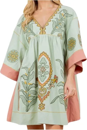 Boho Dresses for Women 2024 Fashion 3/4 Sleeve V Neck Bohemian Dress Causal Floral Print Pleated Oversized Mini Dress