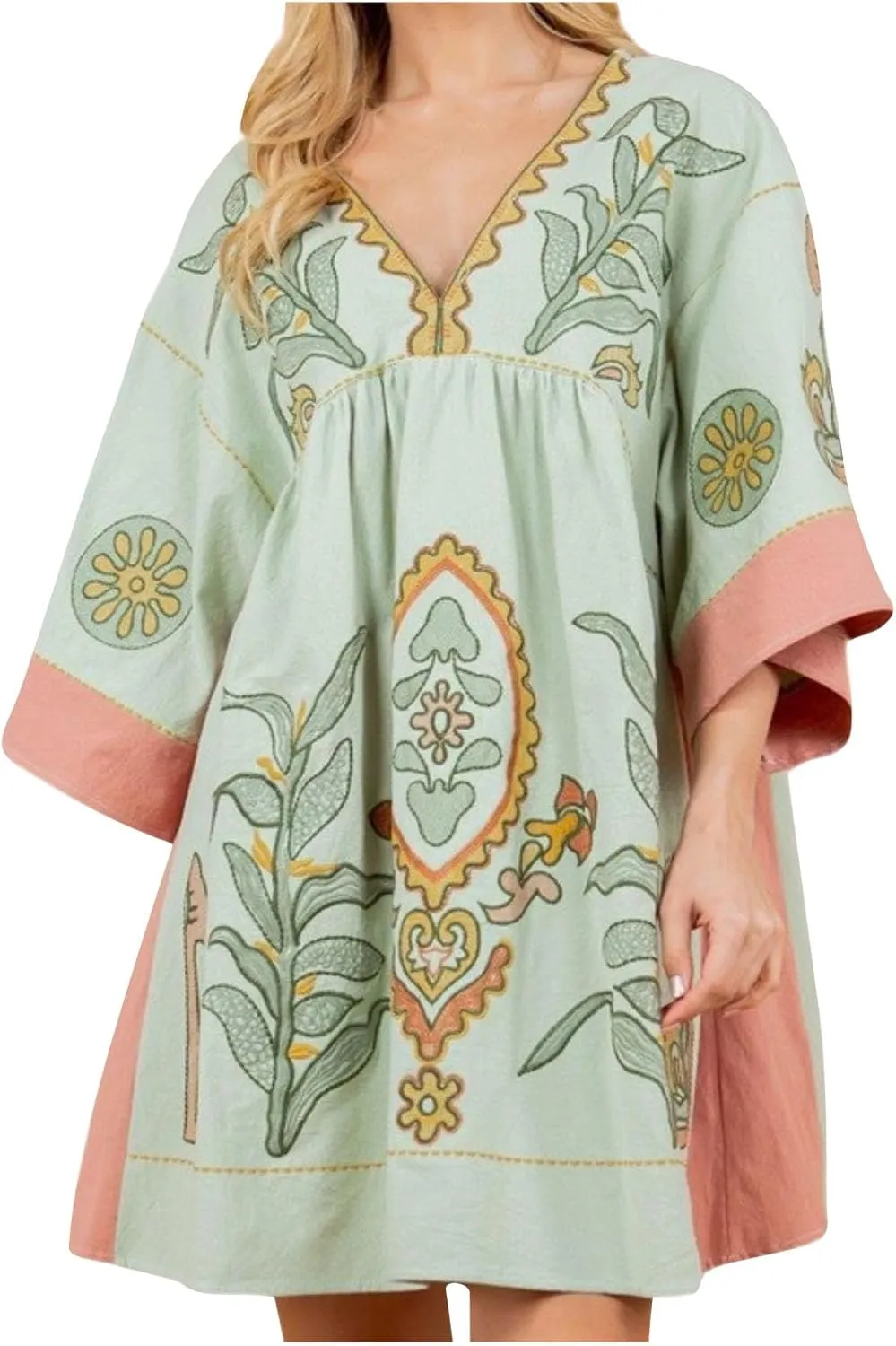 Boho Dresses for Women 2024 Fashion 3/4 Sleeve V Neck Bohemian Dress Causal Floral Print Pleated Oversized Mini Dress