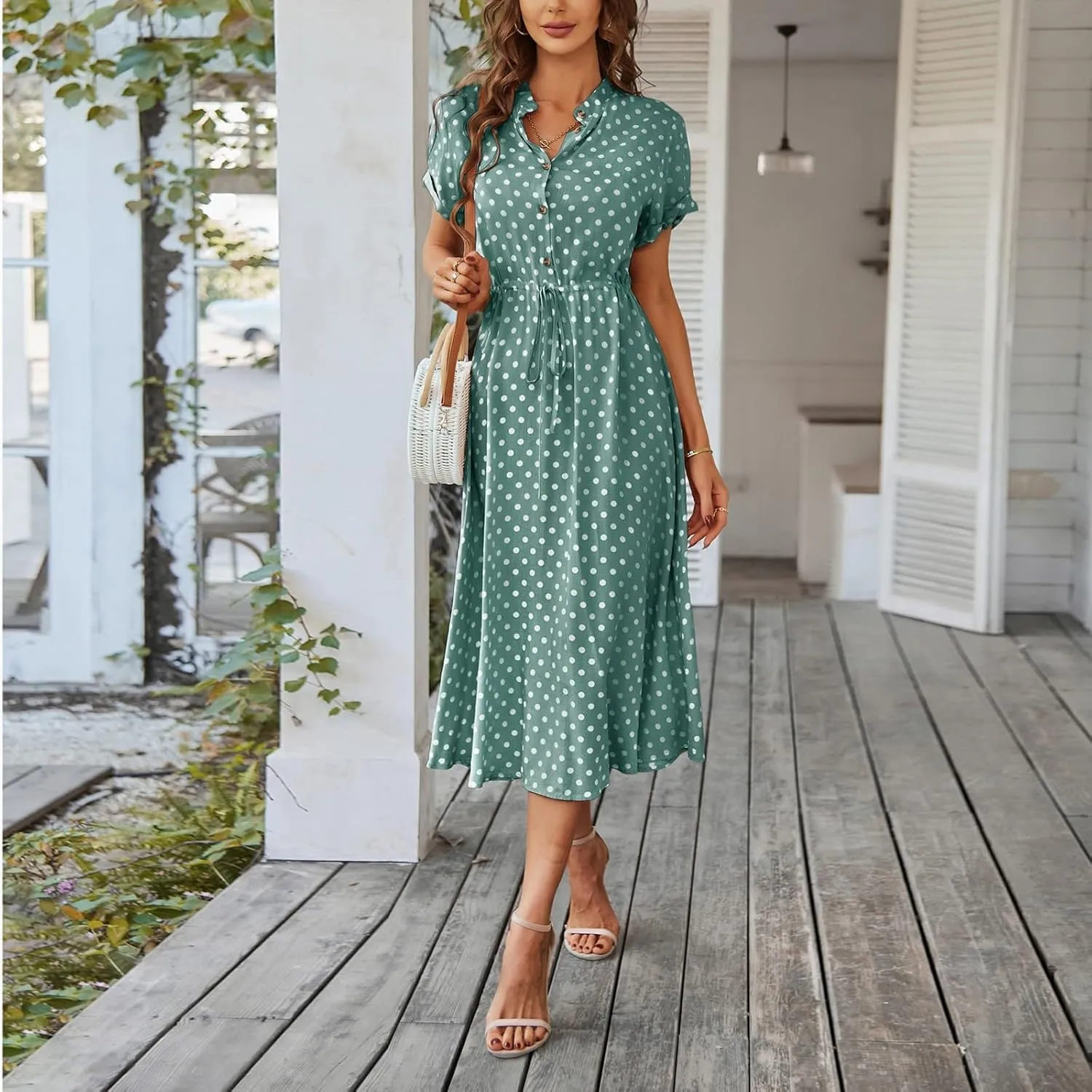 Boho Dresses for Women 2025 Summer Polka Dot Short Sleeve V Neck Button Down Midi Dresses Formal Long Dress