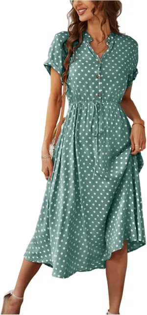 Boho Dresses for Women 2025 Summer Polka Dot Short Sleeve V Neck Button Down Midi Dresses Formal Long Dress