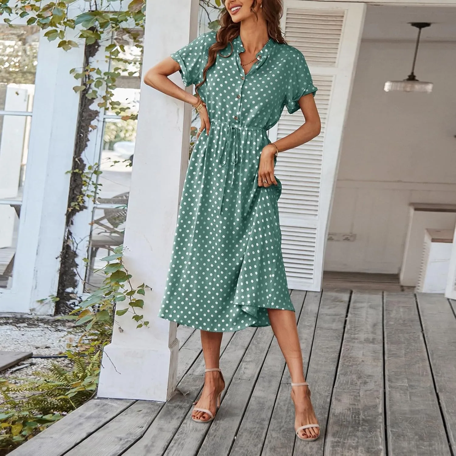 Boho Dresses for Women 2025 Summer Polka Dot Short Sleeve V Neck Button Down Midi Dresses Formal Long Dress