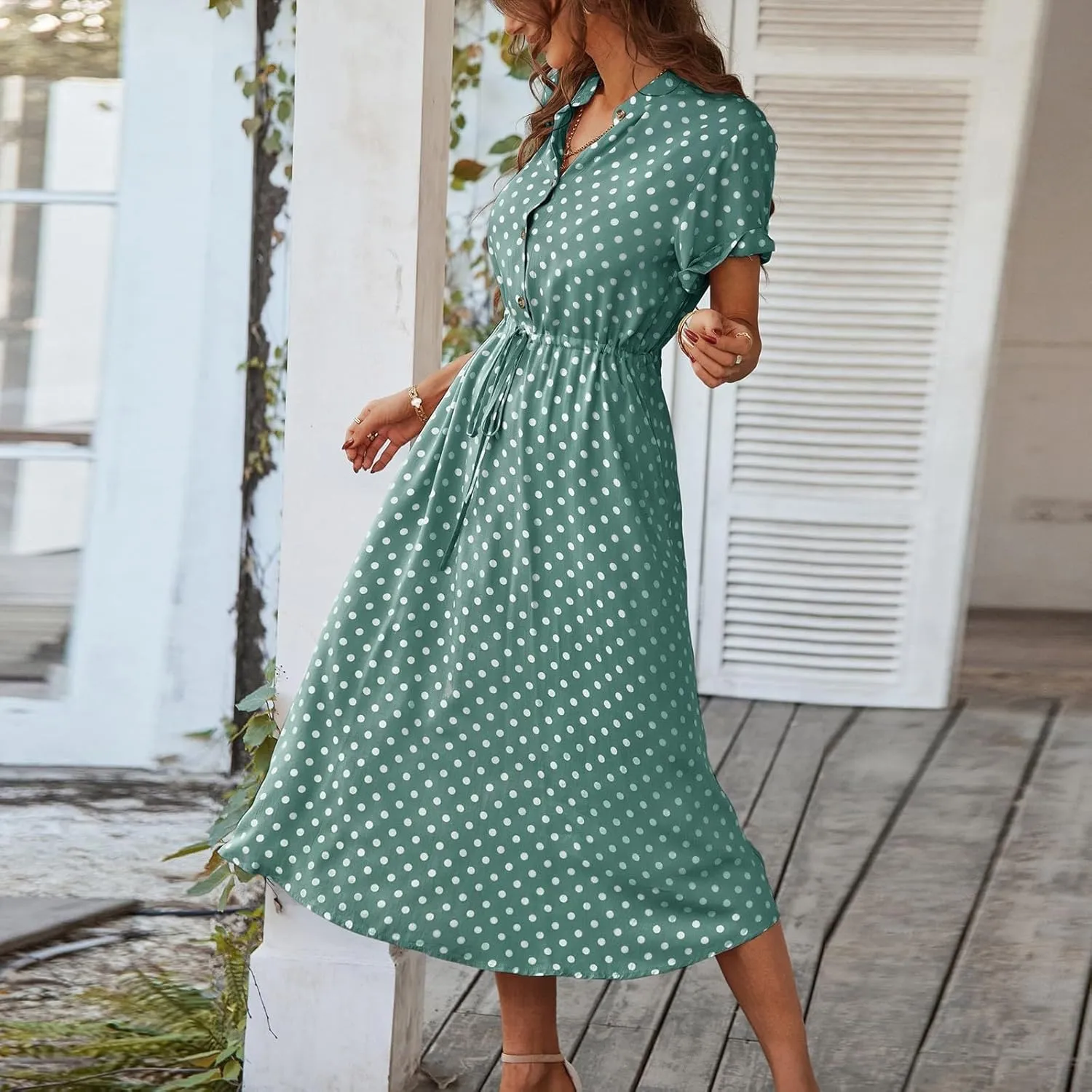 Boho Dresses for Women 2025 Summer Polka Dot Short Sleeve V Neck Button Down Midi Dresses Formal Long Dress