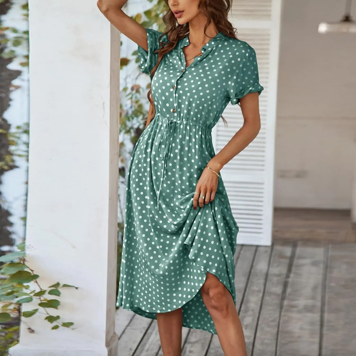 Boho Dresses for Women 2025 Summer Polka Dot Short Sleeve V Neck Button Down Midi Dresses Formal Long Dress