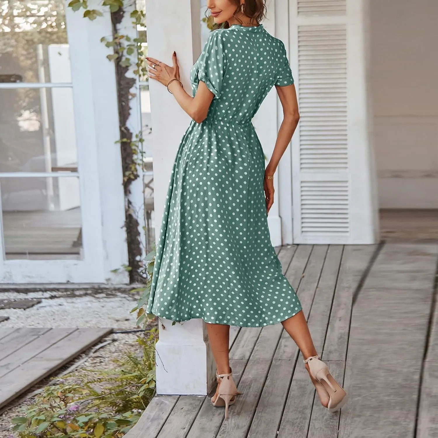 Boho Dresses for Women 2025 Summer Polka Dot Short Sleeve V Neck Button Down Midi Dresses Formal Long Dress