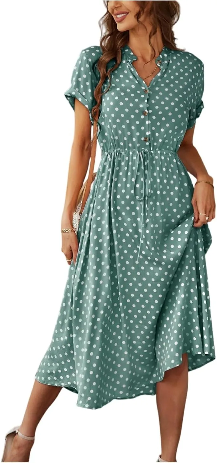 Boho Dresses for Women 2025 Summer Polka Dot Short Sleeve V Neck Button Down Midi Dresses Formal Long Dress