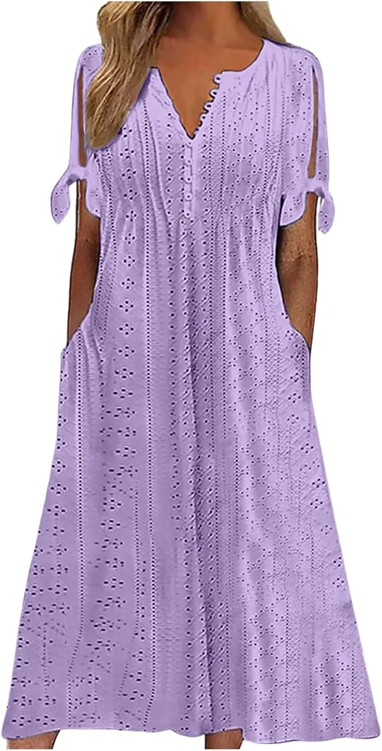 Boho Eyelet Dresses for Women Midi Length Button V Neck Tie Knot Short Sleeve Flowy A-Line Beach Vacation Dress with Pockets