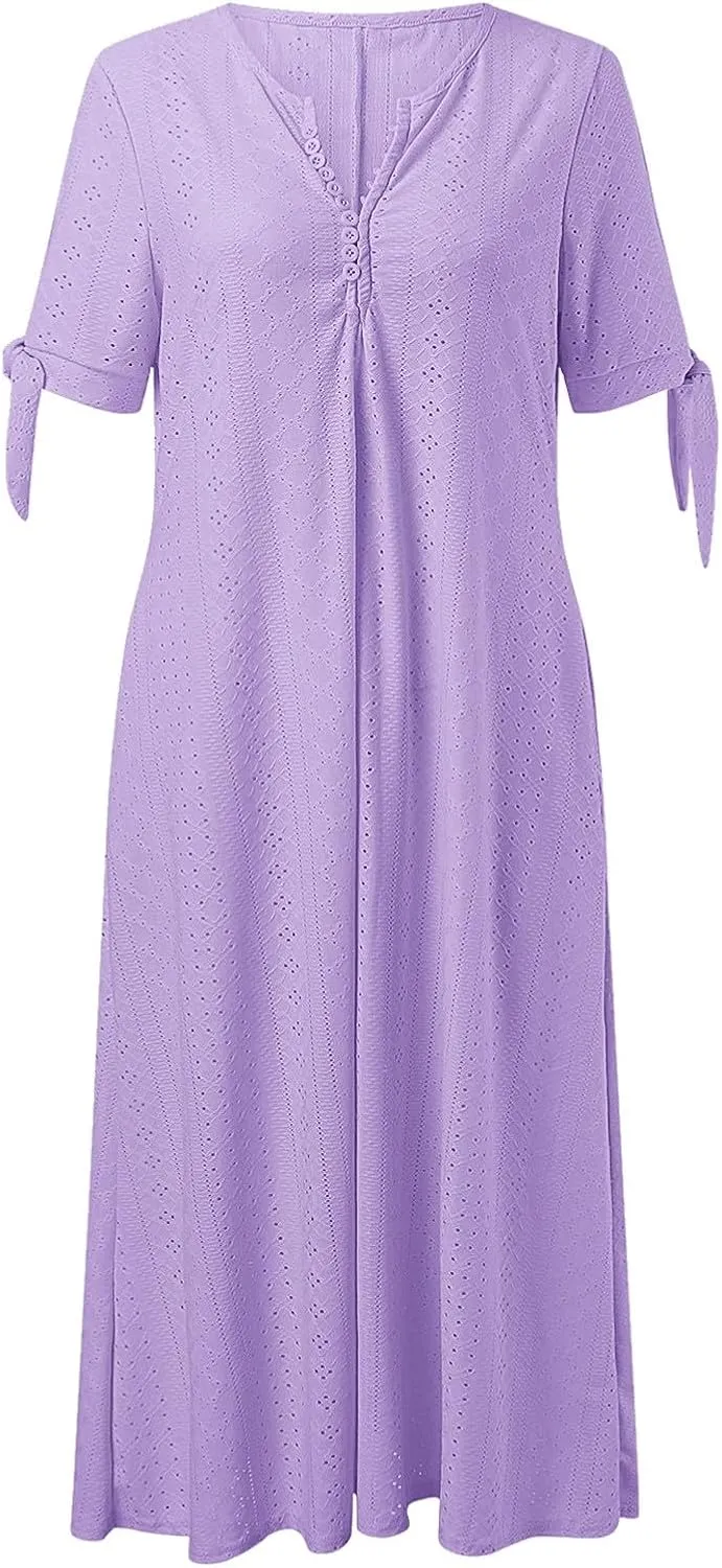 Boho Eyelet Dresses for Women Midi Length Button V Neck Tie Knot Short Sleeve Flowy A-Line Beach Vacation Dress with Pockets