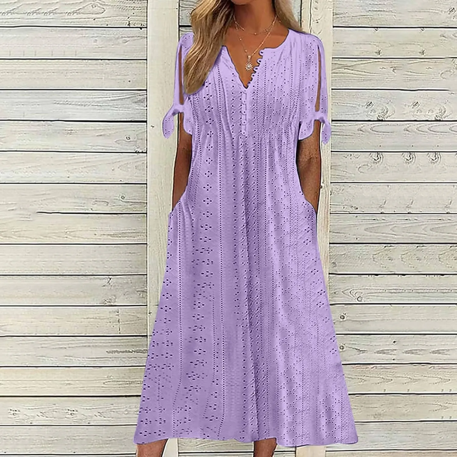 Boho Eyelet Dresses for Women Midi Length Button V Neck Tie Knot Short Sleeve Flowy A-Line Beach Vacation Dress with Pockets