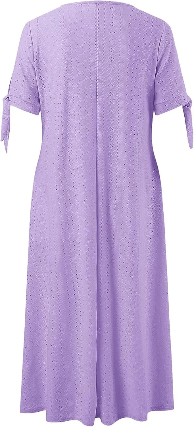 Boho Eyelet Dresses for Women Midi Length Button V Neck Tie Knot Short Sleeve Flowy A-Line Beach Vacation Dress with Pockets