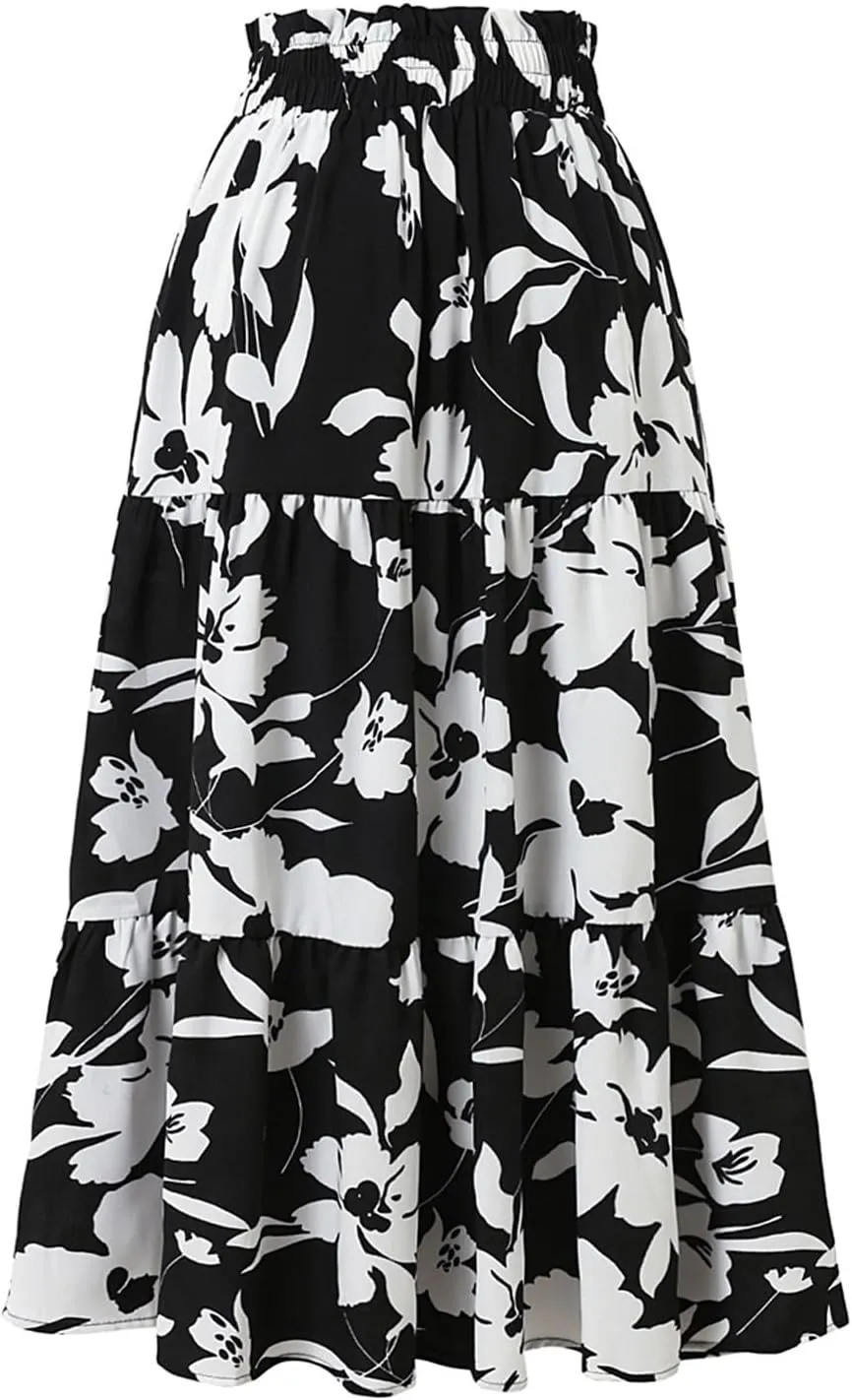 Boho Floral Summer Maxi Skirt Women Elastic High Waist Tiered Pleated Flowy Long Casual Beach Skirt