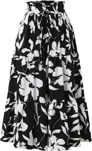 Boho Floral Summer Maxi Skirt Women Elastic High Waist Tiered Pleated Flowy Long Casual Beach Skirt