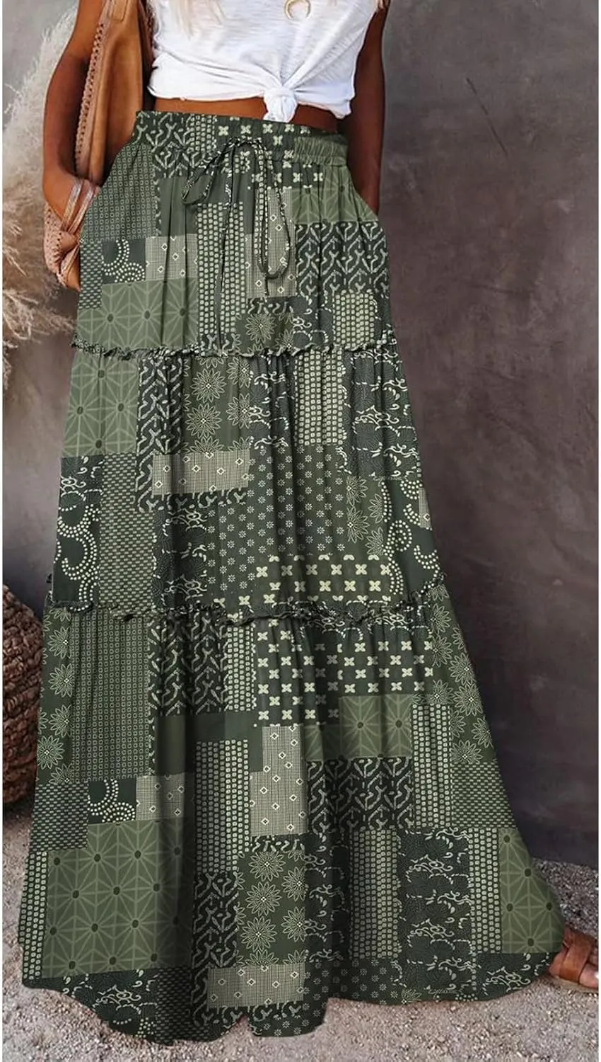 Boho Long Pleated Skirts for Women Trendy Bohemian Tiered Maxi Skirt Casual Elastic Waist Hippie A Line Flowy Skirt