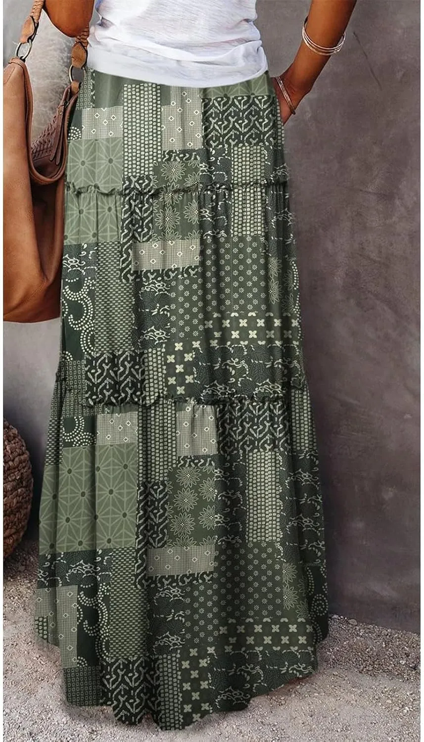 Boho Long Pleated Skirts for Women Trendy Bohemian Tiered Maxi Skirt Casual Elastic Waist Hippie A Line Flowy Skirt
