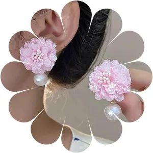 Boho Pink Flower Stud Earrings Vintage Pearl Dangle Earrings Pink Fabric Flower Earrings Lightweight Daisy Flower Petal Earrings Jewelry for Women