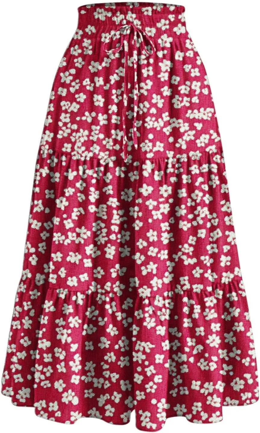 Boho Skirts for Women 2025 Summer Trendy Floral Flowy Maxi Skirt Elastic High Waist Tiered A-Line Beach Dress