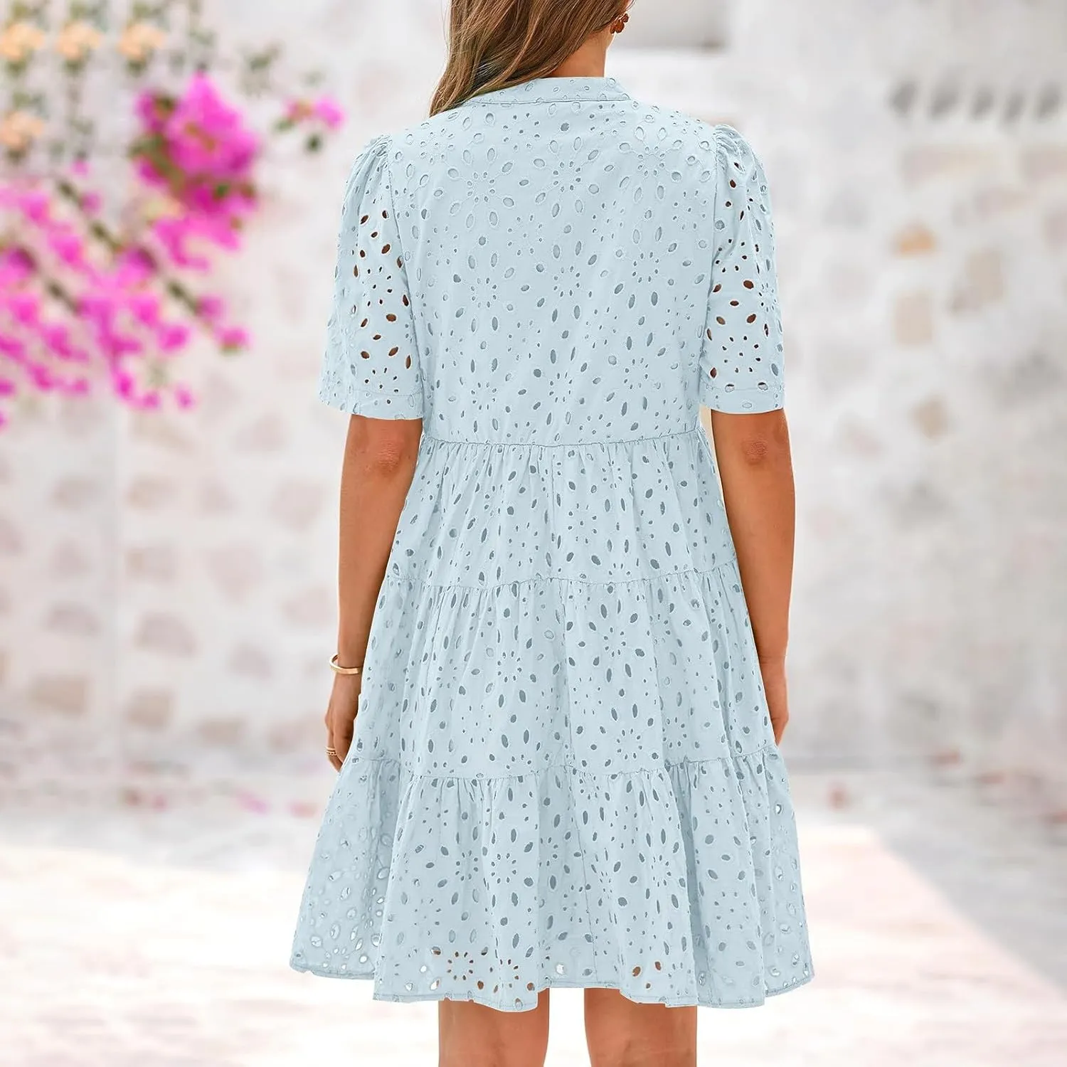 Boho Summer Dresses for Women 2025 Resort V Neck Short Sleeve Hollow Out Lace Ruffle Casual Beach Mini Vacation Dress