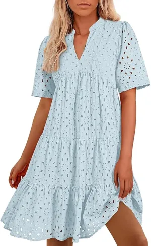 Boho Summer Dresses for Women 2025 Resort V Neck Short Sleeve Hollow Out Lace Ruffle Casual Beach Mini Vacation Dress
