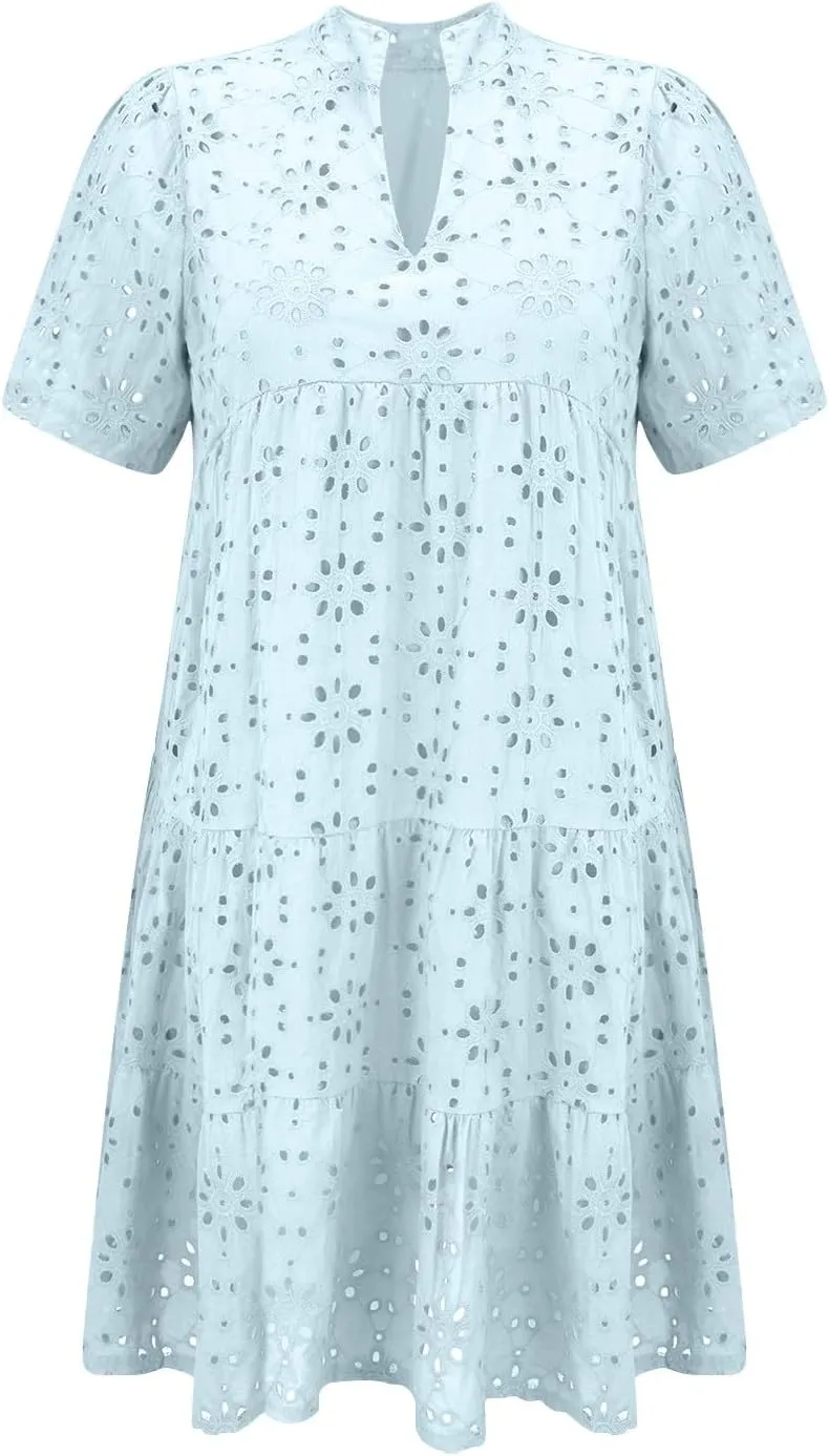 Boho Summer Dresses for Women 2025 Resort V Neck Short Sleeve Hollow Out Lace Ruffle Casual Beach Mini Vacation Dress