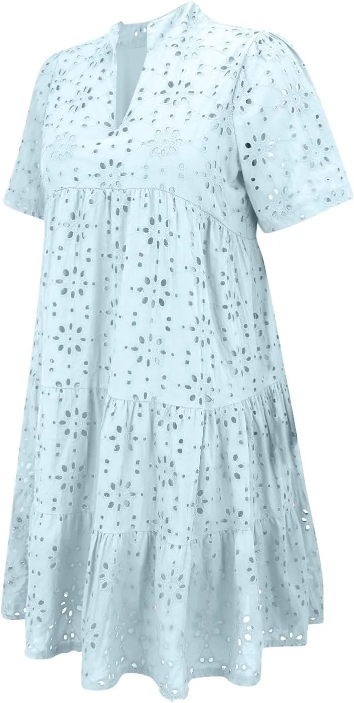 Boho Summer Dresses for Women 2025 Resort V Neck Short Sleeve Hollow Out Lace Ruffle Casual Beach Mini Vacation Dress