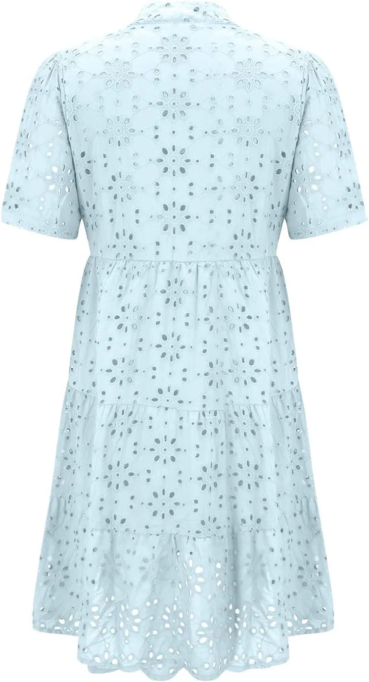 Boho Summer Dresses for Women 2025 Resort V Neck Short Sleeve Hollow Out Lace Ruffle Casual Beach Mini Vacation Dress