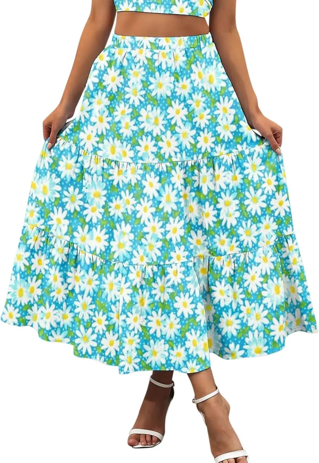 Boho Tiered Maxi Skirt Women Flowy Summer Beach Skirts Elastic Waistband Midi Skirt Floral Pleated A Line Skirt with Pockets