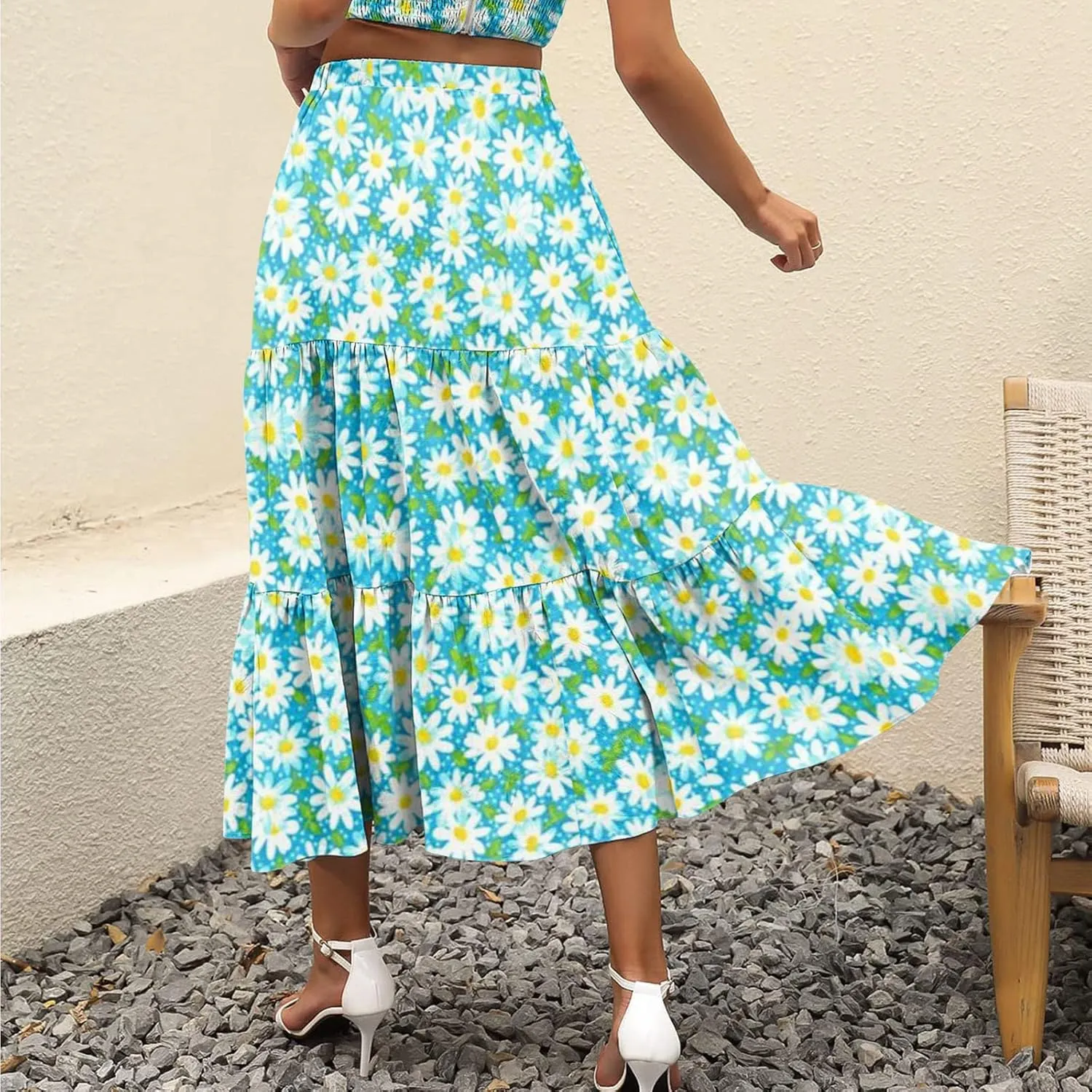 Boho Tiered Maxi Skirt Women Flowy Summer Beach Skirts Elastic Waistband Midi Skirt Floral Pleated A Line Skirt with Pockets