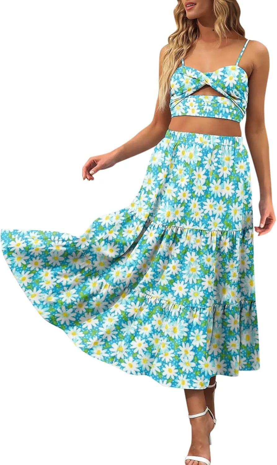 Boho Tiered Maxi Skirt Women Flowy Summer Beach Skirts Elastic Waistband Midi Skirt Floral Pleated A Line Skirt with Pockets