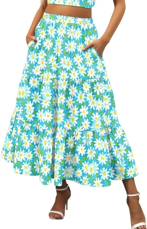 Boho Tiered Maxi Skirt Women Flowy Summer Beach Skirts Elastic Waistband Midi Skirt Floral Pleated A Line Skirt with Pockets